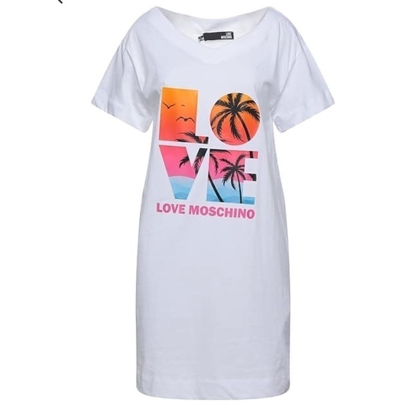 LOVE MOSCHINO White Cotton Palm Tree Print Crewneck T-Shirt Dress US 4 - Picture 3 of 15